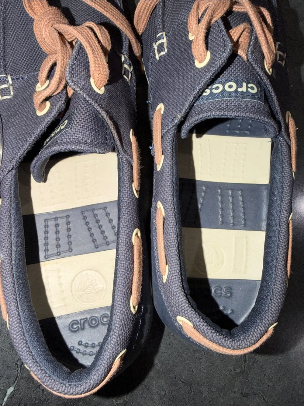 CROCS Navy Canvas Boat Shoes with Tan Laces